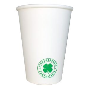 Vaso de polipapel blanco GreenCup de 12 oz, ecológico, reciclable y apto para bebidas frías y calientes.