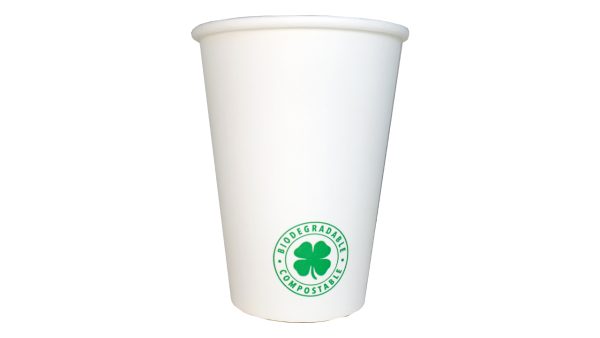 Vaso de polipapel blanco GreenCup de 12 oz, ecológico, reciclable y apto para bebidas frías y calientes.