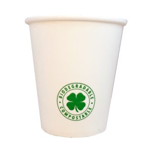 Vaso de polipapel blanco GreenCup de 6 oz, reciclable, ecológico y apto para bebidas frías y calientes.