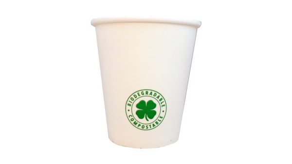 Vaso de polipapel blanco GreenCup de 6 oz, reciclable, ecológico y apto para bebidas frías y calientes.