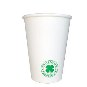 Vaso de polipapel blanco GreenCup de 8 oz, reciclable, ecológico y apto para bebidas frías y calientes.