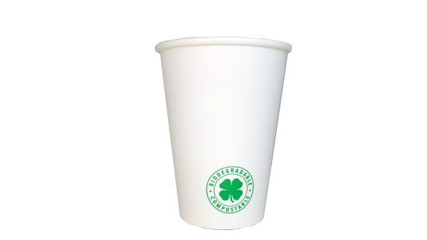 Vaso de polipapel blanco GreenCup de 8 oz, reciclable, ecológico y apto para bebidas frías y calientes.