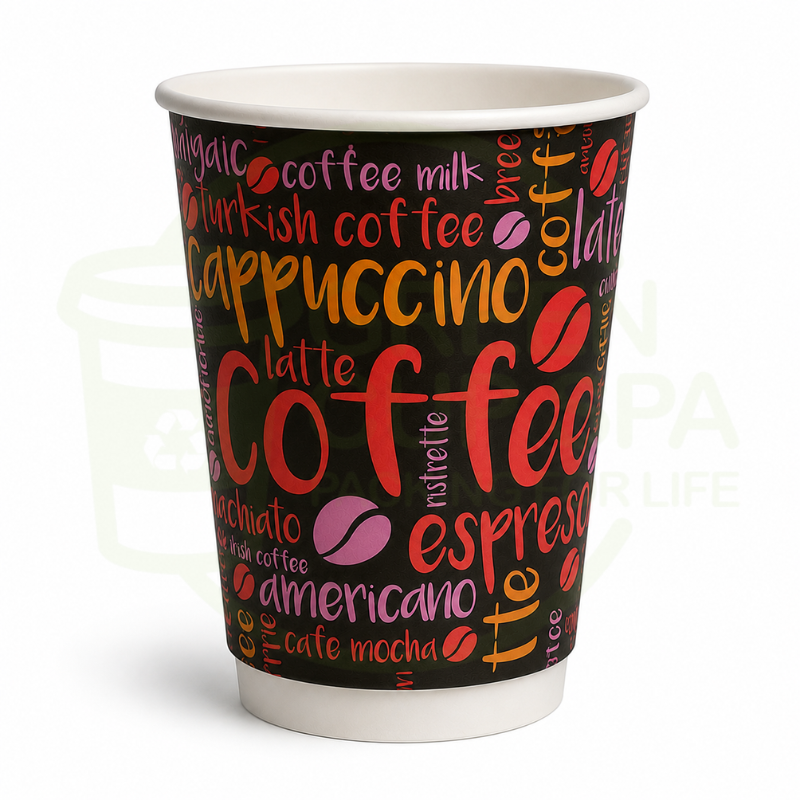Vaso Polipapel Doble Capa 12 Oz Fondo Negro Letras Color