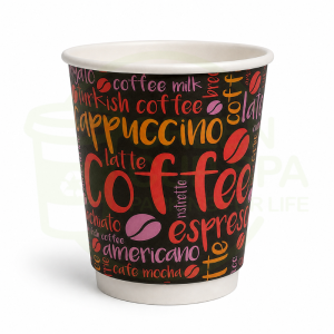 Vaso Polipapel Doble Capa Fondo Negro Letras Color Rojo 8 OZ