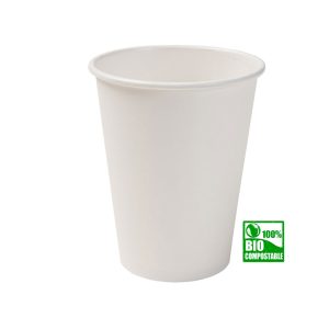 Vaso compostable color blanco con certificación ecológica.
