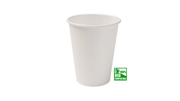 Vaso compostable color blanco con certificación ecológica.