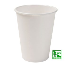 Vaso compostable color blanco con certificación ecológica.