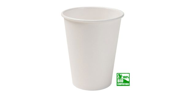 Vaso compostable color blanco con certificación ecológica.