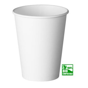 Vaso compostable color blanco con certificación ecológica.