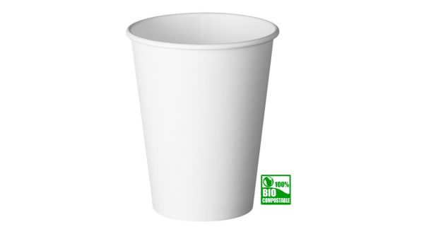 Vaso compostable color blanco con certificación ecológica.