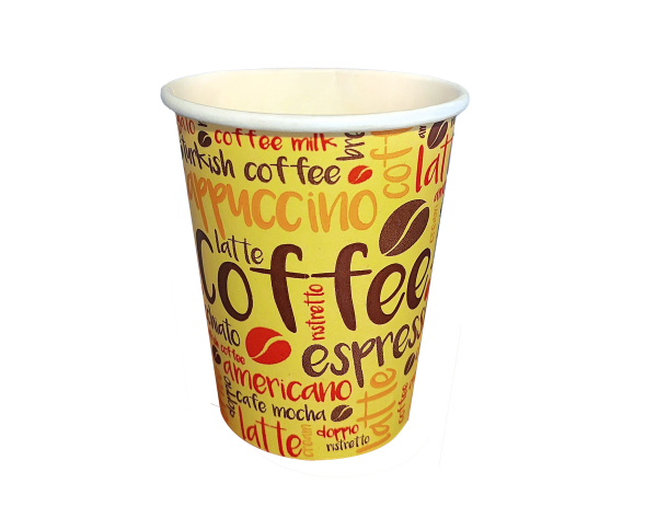 Vasos de polipapel genéricos impresos GreenCup en 6, 8, 12, 16 y 21 oz, reciclables, ecológicos y aptos para bebidas frías y calientes.