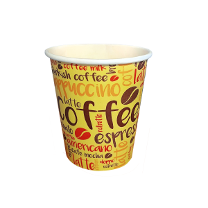 Vasos de polipapel genéricos impresos GreenCup en 6, 8, 12, 16 y 21 oz, reciclables, ecológicos y aptos para bebidas frías y calientes.