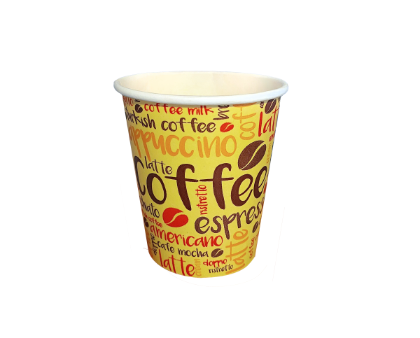 Vasos de polipapel genéricos impresos GreenCup en 6, 8, 12, 16 y 21 oz, reciclables, ecológicos y aptos para bebidas frías y calientes.