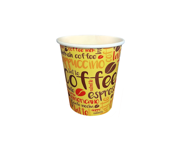 Vasos de polipapel genéricos impresos GreenCup en 6, 8, 12, 16 y 21 oz, reciclables, ecológicos y aptos para bebidas frías y calientes.